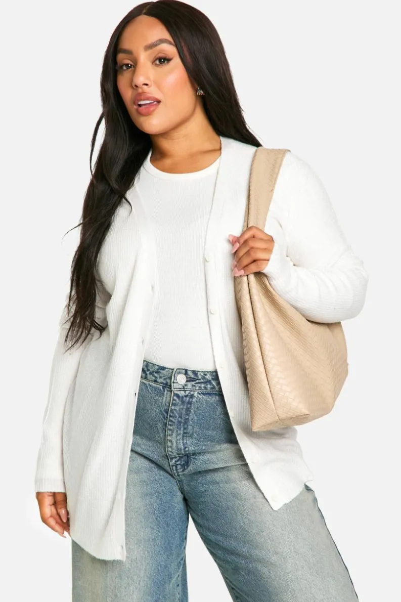 Cardigans*boohoo Plus Soft Rib Knit Slouchy Boyfriend Cardigan ecru