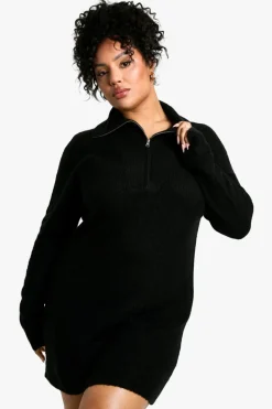 Jumper Dresses|Jumper Dresses*boohoo Plus Soft Rib Oversized Knit Half Zip Collar Jumper Dress black