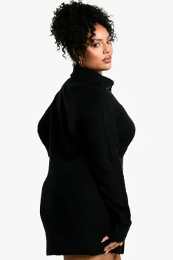 Jumper Dresses|Jumper Dresses*boohoo Plus Soft Rib Oversized Knit Half Zip Collar Jumper Dress black