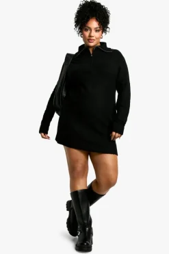 Jumper Dresses|Jumper Dresses*boohoo Plus Soft Rib Oversized Knit Half Zip Collar Jumper Dress black