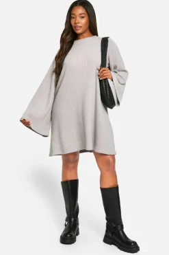Smock Dresses|Mini Dresses*boohoo Plus Soft Rib Tie back Smock Dress grey marl