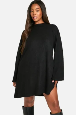 Smock Dresses|Mini Dresses*boohoo Plus Soft Rib Tie back Smock Dress black