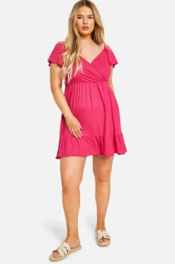 Smock Dresses|Wrap Dresses*boohoo Plus Soft Rib Wrap Tiered Smock Dress hot pink