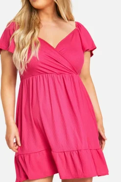 Smock Dresses|Wrap Dresses*boohoo Plus Soft Rib Wrap Tiered Smock Dress hot pink