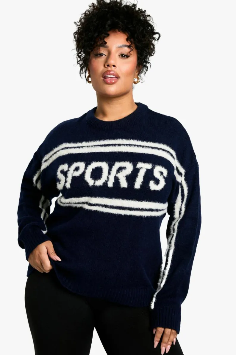 Jumpers*boohoo Plus Sports Crew Neck Knitted Jumper navy