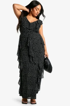 Skater Dresses|Maxi Dresses*boohoo Plus Spot Print Ruffle Detail Maxi Dress black