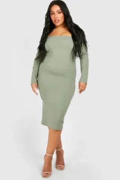 Midi Dresses*boohoo Plus Square Neck Bengaline Midi Dress khaki