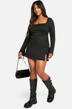 Mini Dresses|Long Sleeve Dresses*boohoo Plus Square Tie Cuff Mini Shift Dress black