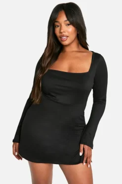 Mini Dresses|Long Sleeve Dresses*boohoo Plus Square Tie Cuff Mini Shift Dress black