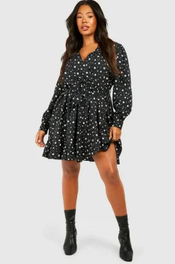 Wrap Dresses|Skater Dresses*boohoo Plus Star Print Wrap Ruffle Skater Dress black