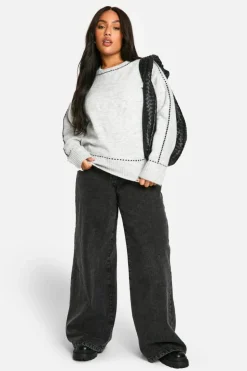 Oversized Jumpers|Jumpers*boohoo Plus Stitch Detail Soft Knit Oversized Crew Neck Jumper grey