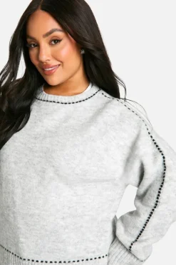 Oversized Jumpers|Jumpers*boohoo Plus Stitch Detail Soft Knit Oversized Crew Neck Jumper grey