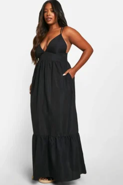 Smock Dresses*boohoo Plus Strappy Frill Hem Maxi Dress black