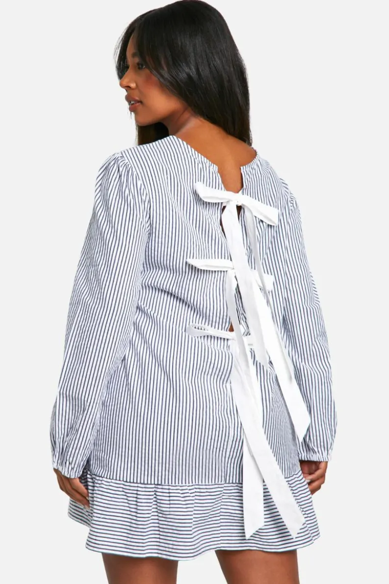 Smock Dresses*boohoo Plus Stripe Bow Back Smock Mini Dress blue