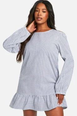Smock Dresses*boohoo Plus Stripe Bow Back Smock Mini Dress blue