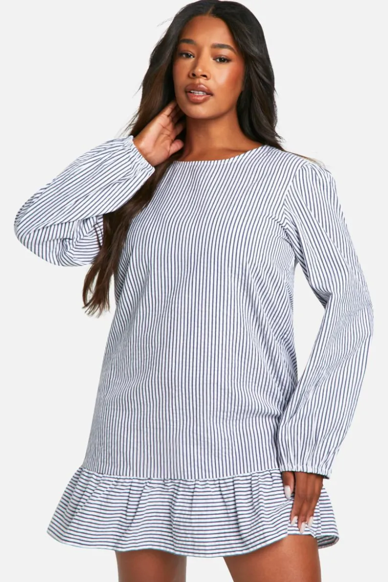 Smock Dresses*boohoo Plus Stripe Bow Back Smock Mini Dress blue
