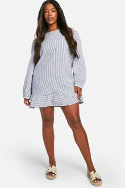 Smock Dresses*boohoo Plus Stripe Bow Back Smock Mini Dress blue