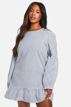 Smock Dresses*boohoo Plus Stripe Bow Back Smock Mini Dress blue