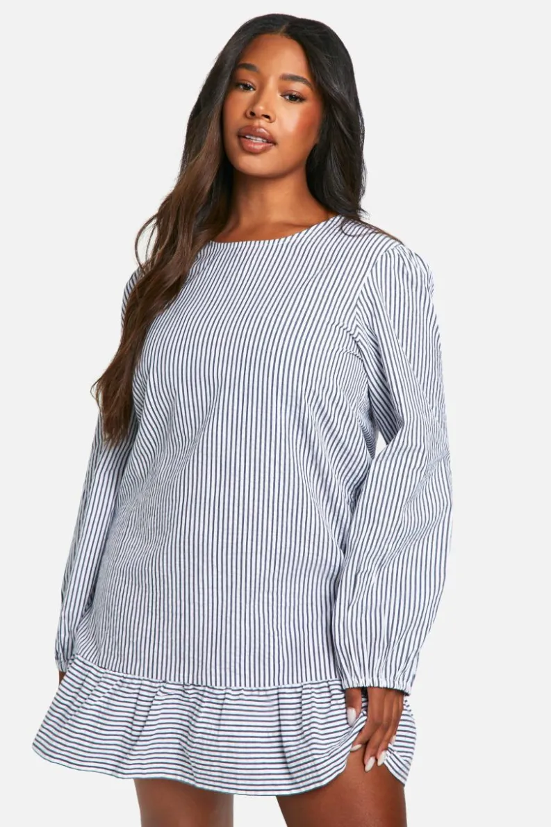 Smock Dresses*boohoo Plus Stripe Bow Back Smock Mini Dress blue