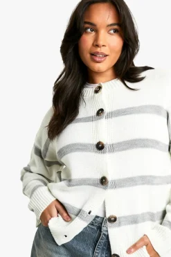 Cardigans|Jumpers & Cardigans*boohoo Plus Stripe Crew Neck Soft Knit Cardigan ecru