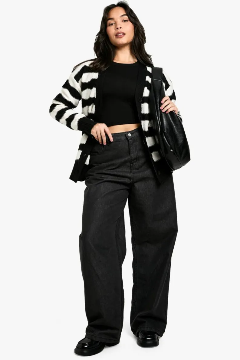 Cardigans|Knitwear*boohoo Plus Stripe Oversized Knitted Cardigan black