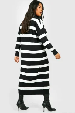 Jumper Dresses|Jumper Dresses*boohoo Plus Stripe Roll Neck Midaxi Knitted Dress black