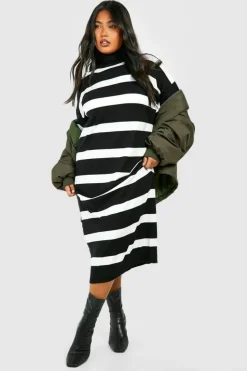 Jumper Dresses|Jumper Dresses*boohoo Plus Stripe Roll Neck Midaxi Knitted Dress black