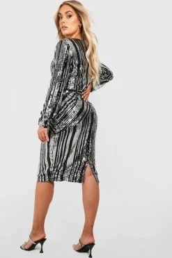 Midi Dresses*boohoo Plus Stripe Sequin Midi Dress black