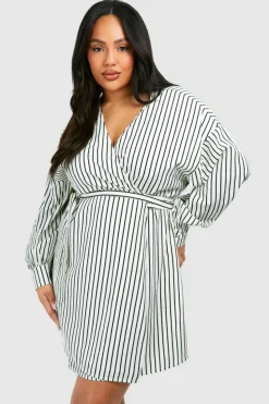 Shirt Dresses|Wrap Dresses*boohoo Plus Stripe Wrap Belted Shirt Dress ivory