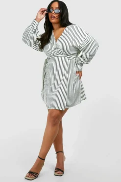 Shirt Dresses|Wrap Dresses*boohoo Plus Stripe Wrap Belted Shirt Dress ivory