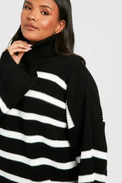 Jumpers|Knitwear*boohoo Plus Striped Roll Neck Knitted Jumper black