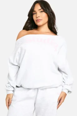 Sweatshirts|Hoodies & Sweatshirts*boohoo Plus Studio Slogan Off The Shoulder Sweatshirt ash grey
