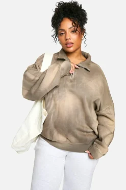 Sweatshirts|Hoodies & Sweatshirts*boohoo Plus Sunbleach Wash Half Zip Sweatshirt taupe