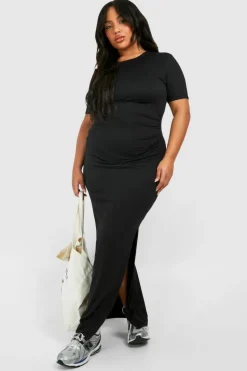 T-Shirt Dresses|Shirt Dresses*boohoo Plus Super Soft Jersey Ruched Split T-shirt Dress black