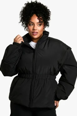 Up To 80% Off Winter Warmers|Puffer Jackets*boohoo Plus Synched Waist Puffer Jacket black