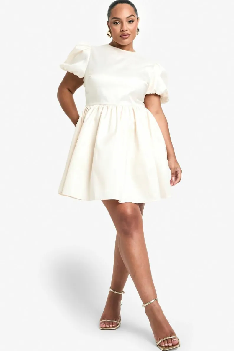 Skater Dresses|Mini Dresses*boohoo Plus Taffeta Bow Back Puff Sleeve Skater Dress ivory