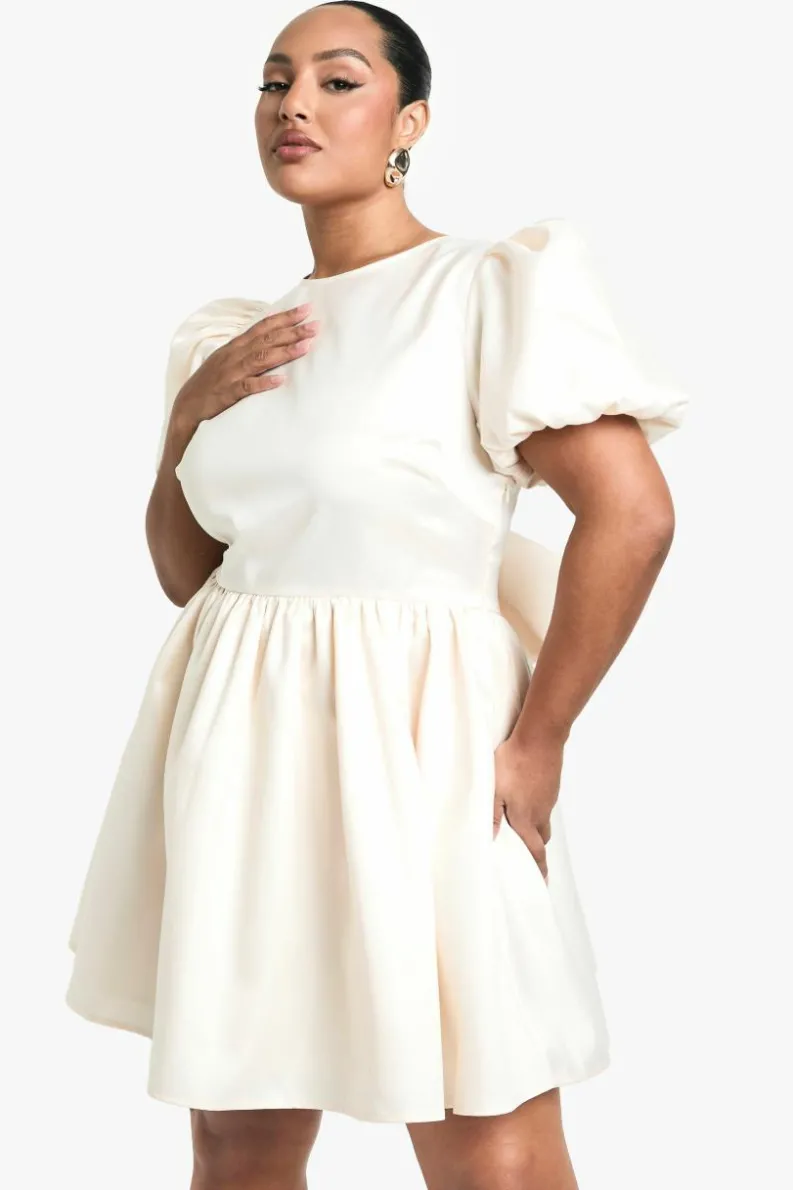 Skater Dresses|Mini Dresses*boohoo Plus Taffeta Bow Back Puff Sleeve Skater Dress ivory