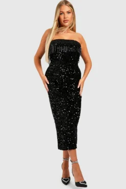Bodycon Dresses*boohoo Plus Tassel Bandeau Sequin Midaxi Dress black