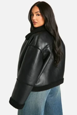 Up To 80% Off Winter Warmers|Aviator Jackets*boohoo Plus Teddy Trim Faux Leather Jacket black