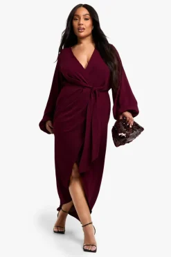 Maxi Dresses|Long Sleeve Dresses*boohoo Plus Textured Satin Tie Detail Maxi Dress wine
