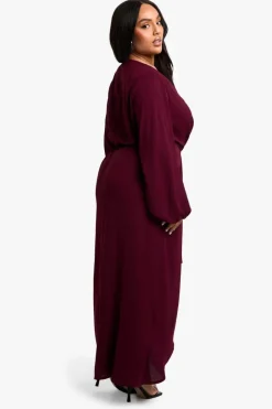Maxi Dresses|Long Sleeve Dresses*boohoo Plus Textured Satin Tie Detail Maxi Dress wine
