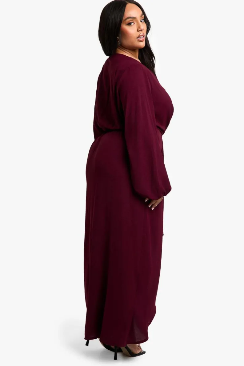 Maxi Dresses|Long Sleeve Dresses*boohoo Plus Textured Satin Tie Detail Maxi Dress wine