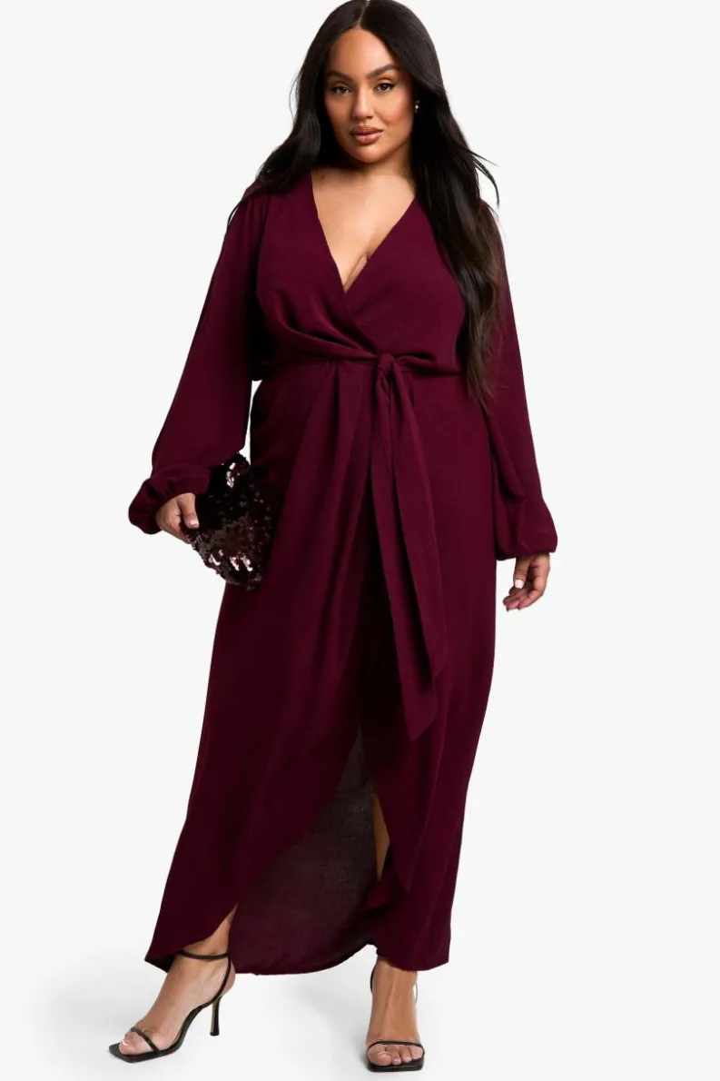 Maxi Dresses|Long Sleeve Dresses*boohoo Plus Textured Satin Tie Detail Maxi Dress wine