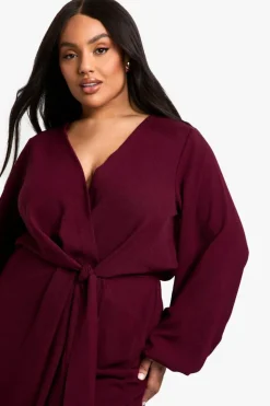 Maxi Dresses|Long Sleeve Dresses*boohoo Plus Textured Satin Tie Detail Maxi Dress wine
