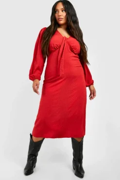 Midi Dresses*boohoo Plus Textu Tie Bust Midi Smock Dress red