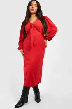 Midi Dresses*boohoo Plus Textu Tie Bust Midi Smock Dress red