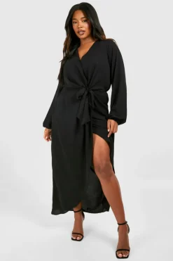 Maxi Dresses|Long Sleeve Dresses*boohoo Plus Textured Tie Detail Maxi Dress black