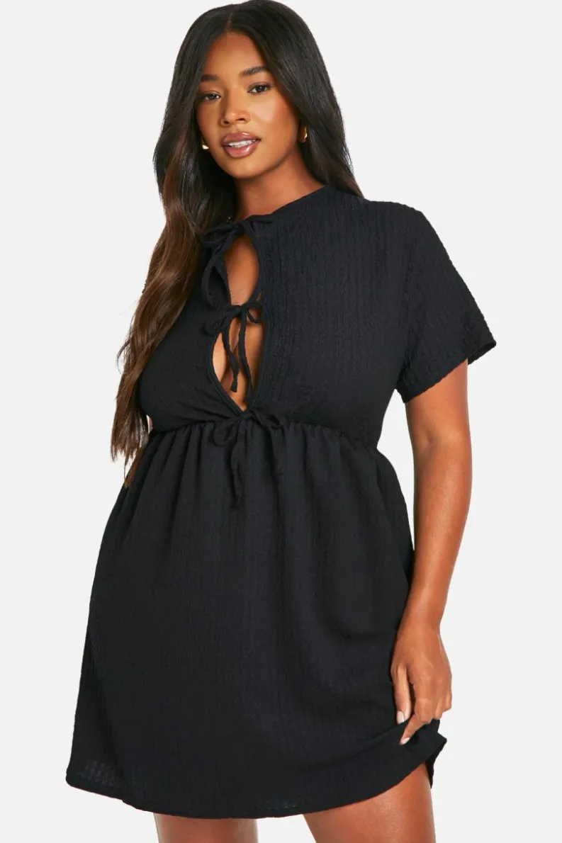 Smock Dresses*boohoo Plus Textured Tie Front Smock Dress black