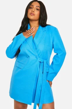 Blazer Dresses*boohoo Plus Textured Tie Side Blazer Dress cobalt