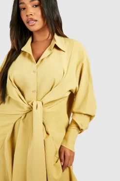 Shirt Dresses|Midi Dresses*boohoo Plus Textured Woven Tie Front Midi Shirt Dress olive